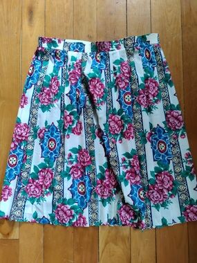 Vintage Floral Stripe Pleated Circle Skirt - Pink & Teal